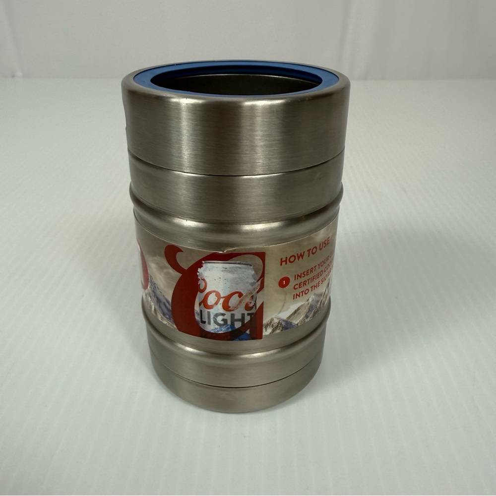 Silver Bullet Coors Light Stainless Steel Beer Can Koozie Blue Top Coozie